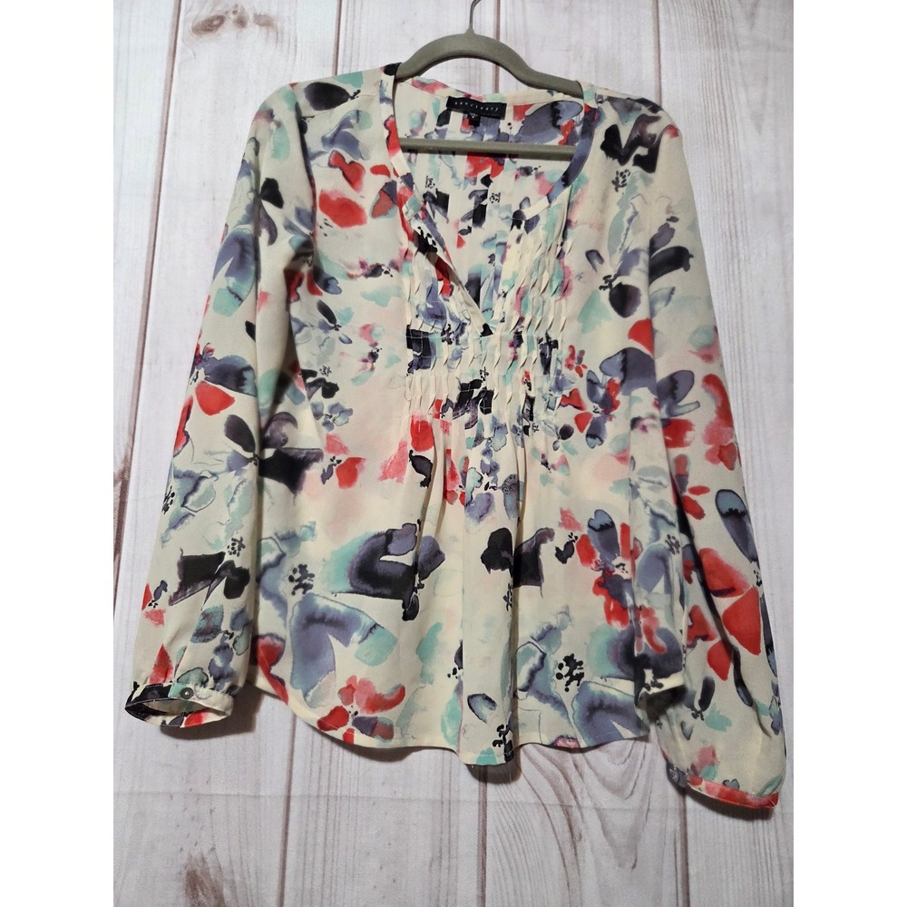 Sanctuary Watercolor Floral Pintuck‎ Blouse Cream Red Blue Small Chiffon Sheer